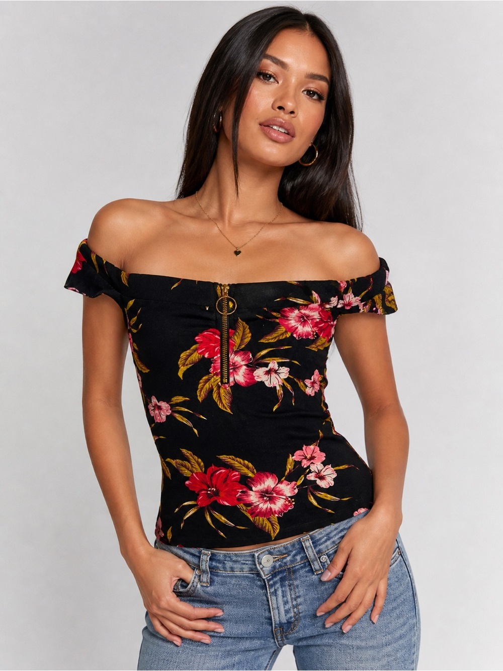 Guess Black Off-Shoulder Floral Crop Top with Red & Pink Flowers